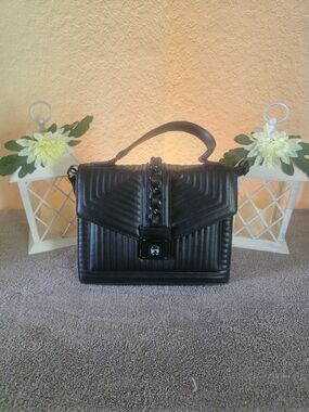 Aldo Black Quilted Top-Handle Satchel with Chain Accent